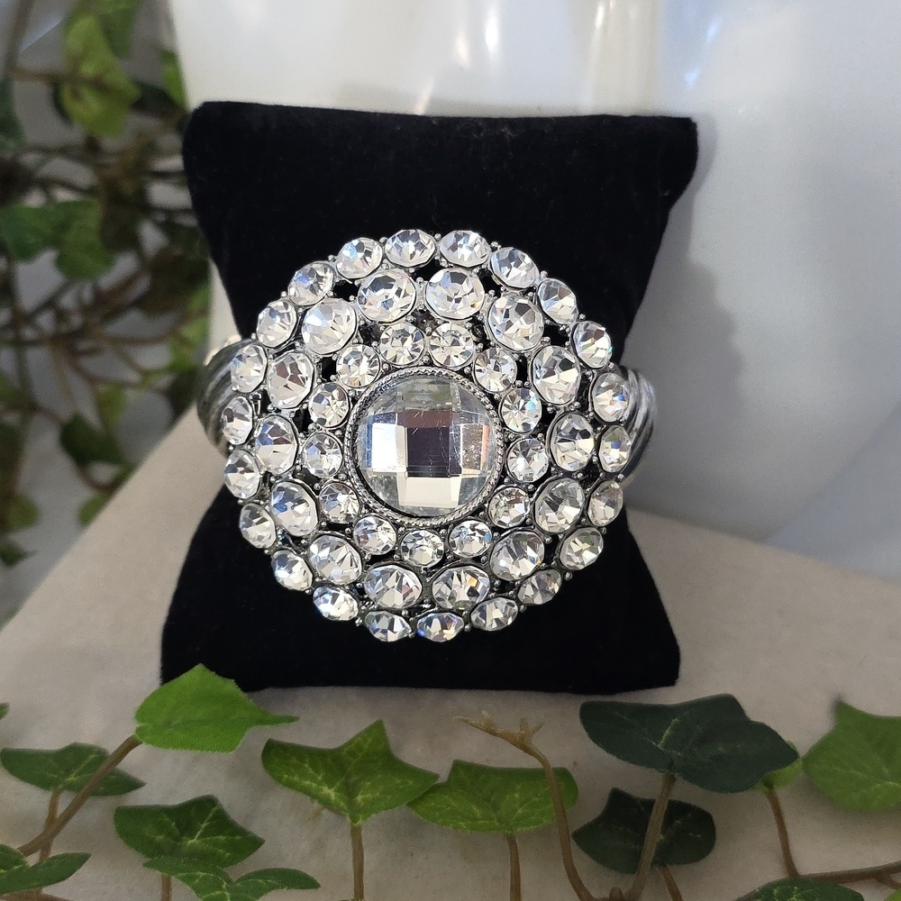 Vintage Silver Statement Rhinestone Clamper Hinge Bracelet